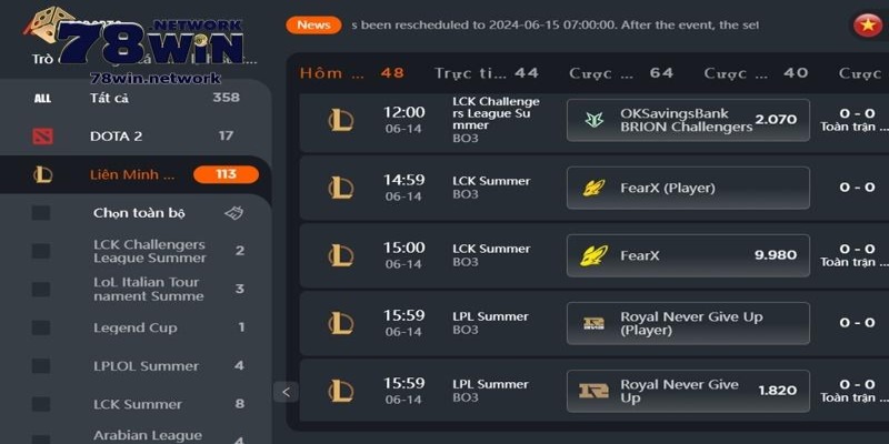 Sảnh IA Esport của 78win đang rất được yêu thích